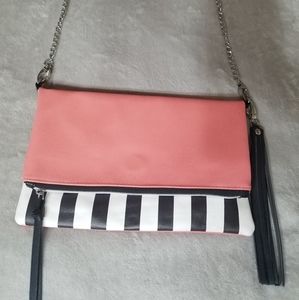 Crossbody/Handbag Peach/Salmon, Black and White Stripes, Silver chain strap